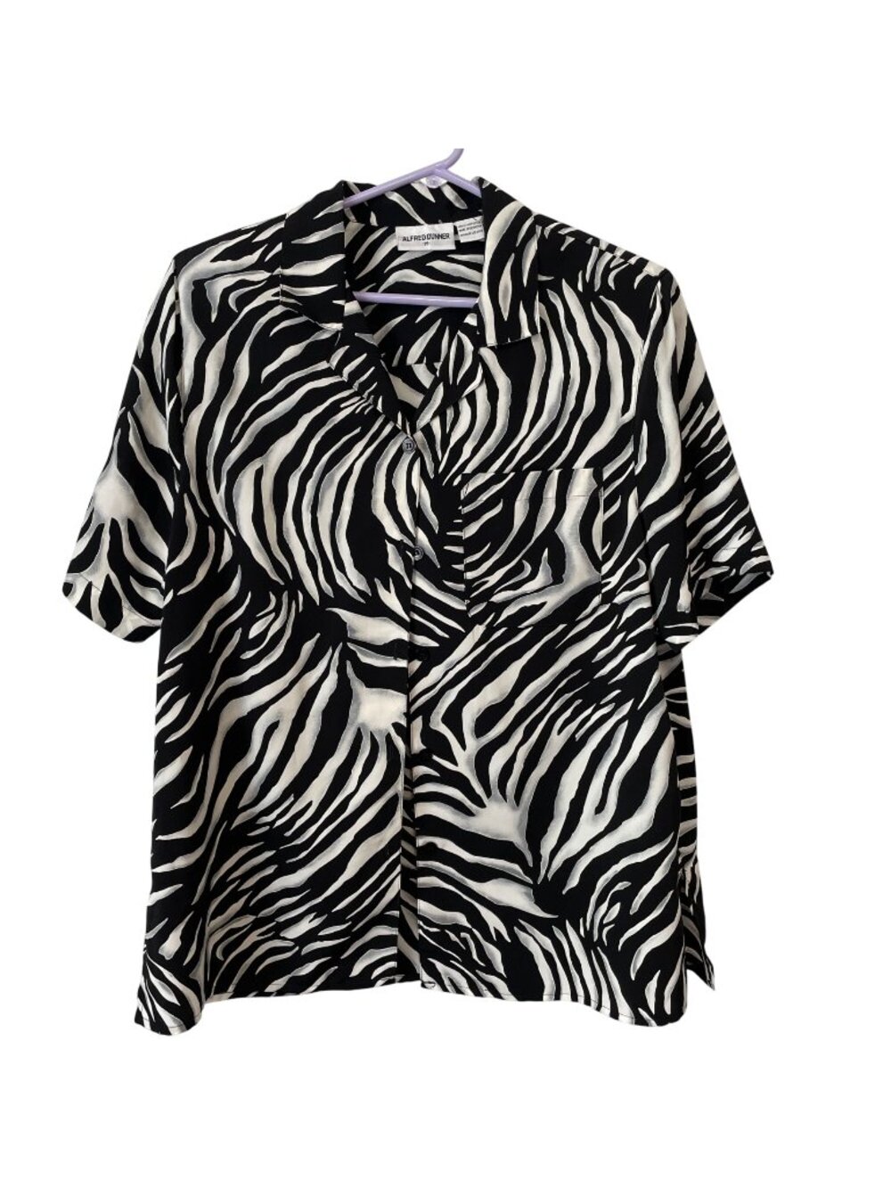 Alfred Dunner Zebra Print Button-Up Shirt Short Sleeve Lightweight Black & White